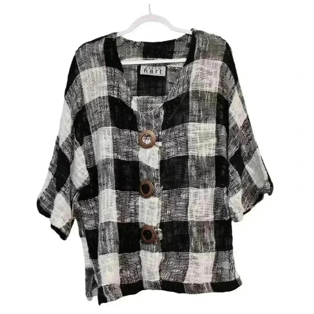 Vintage 90s Open Knit Cardigan Sweater Blouse Size Large Plaid Artsy Boho Button